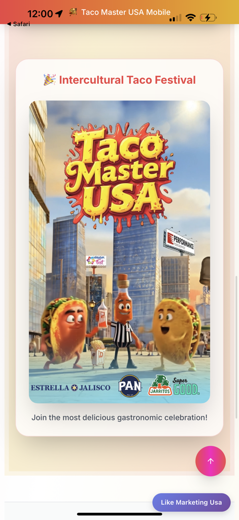 Taco Master USA - アニメーションのタコスのキャラクターとスポンサーブランドが登場するTaco Master USAインターカルチュラル・タコス・フェスティバルのプロモーションポスター