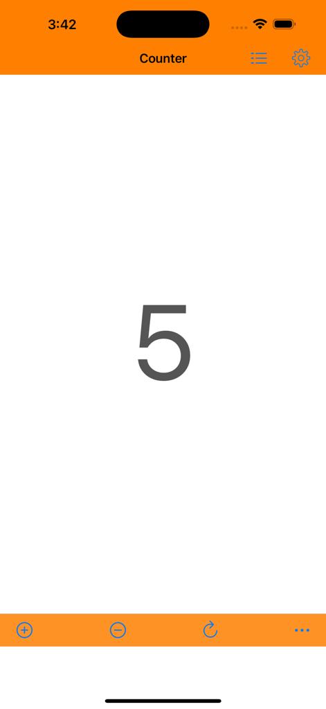 Tap Counter(Simple & Multiple) - Schermata di conteggio digitale semplice che mostra il numero cinque su sfondo bianco con barre di navigazione arancioni