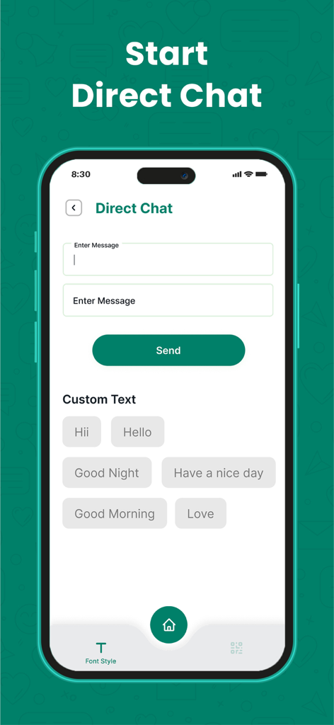WT Web - Dual Chat - Interfaz de la aplicación WT Web mostrando la función de Chat Directo con atajos de mensajes personalizados y campo de entrada