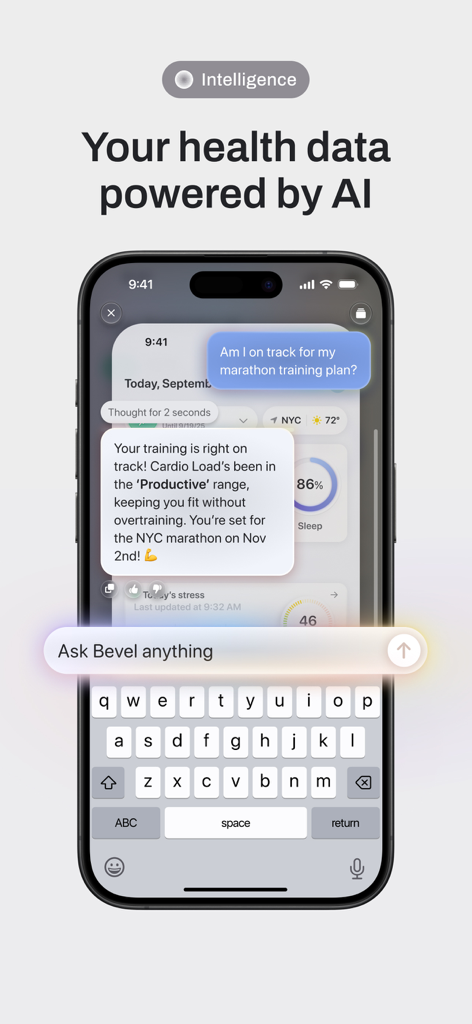 Bevel: All-In-One Health App - Bevel app AI chat interface showing personalized health insights and training status
