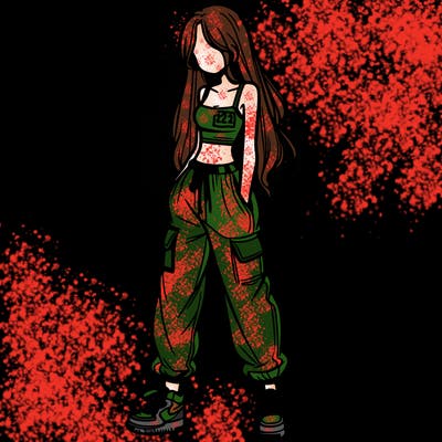 girl in baggy pants crop top and long hair