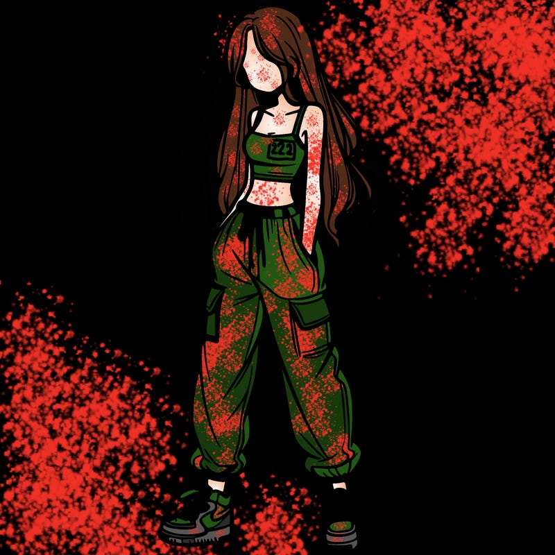 girl in baggy pants crop top and long hair