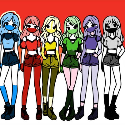 a group of girls wearing crop tops and shorts