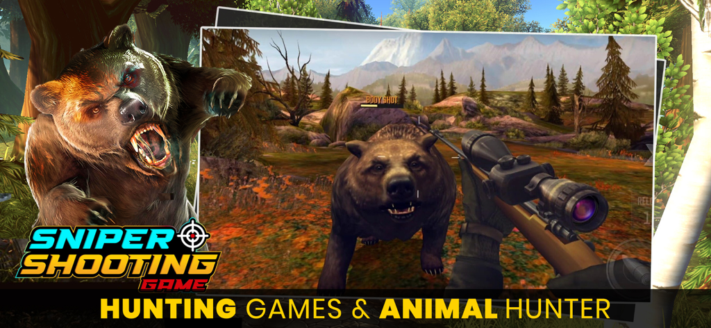 Hunting Sniper - Animal Hunter - 3D sniper gameplay showing a hunter aiming at a grizzly bear in the woods