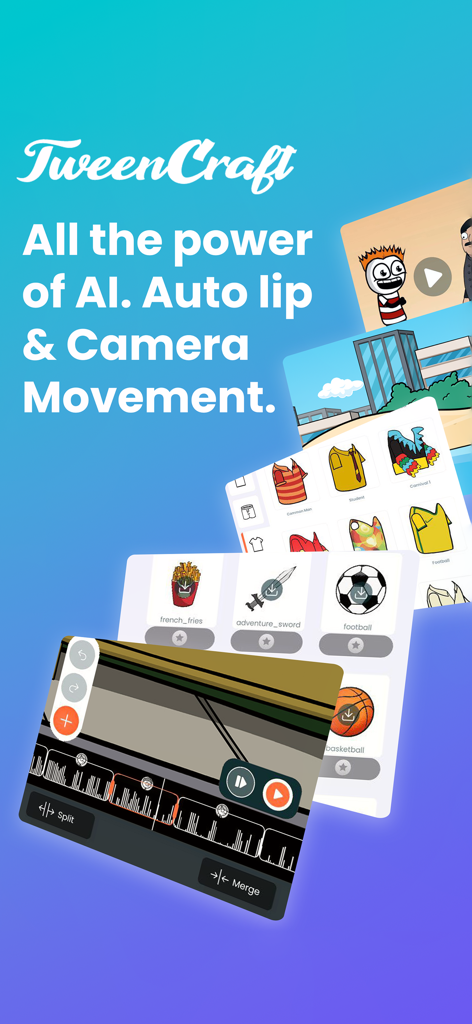 Tweencraft app interface showcasing AI auto lip sync and animation video editing features