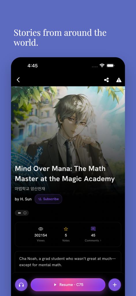 Yoru Studios: Fiction & Audio - Yoru Studios app interface showing a light novel story titled Mind Over Mana with reader stats and audio options