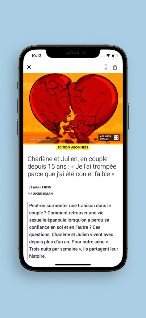 Screenshot of the ELLE app featuring a premium article about relationship struggles with a broken heart illustration