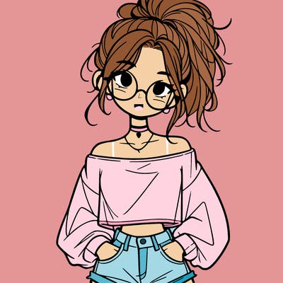girl with a messy ponytail glasses a baggy crop top and jean shorts