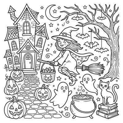 Dive into the spirit of Halloween with this delightful coloring page featuring a friendly witch, a charming haunted house, and classic spooky elements. Perfect for bringing festive cheer and creative expression to your holiday celebrations.