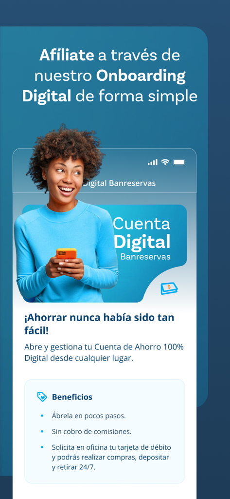 Interfaz de la aplicación Banreservas para el registro digital y la apertura de una cuenta de ahorros
