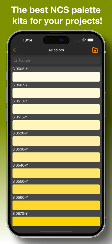 iPhone screen displaying a list of yellow shades from the NCS color system