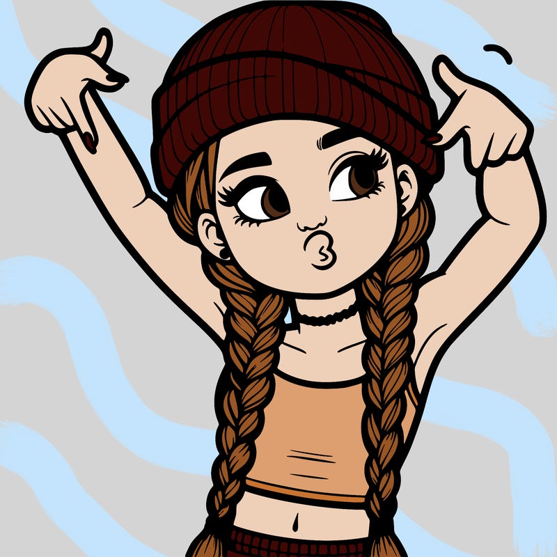realistic teenage girl with braids and a beanie and crop top doing 🫶🏼