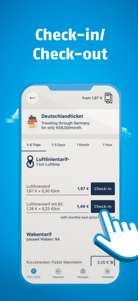 myVRN - The myVRN app interface showing the check-in and check-out feature for public transportation tickets in Germany.