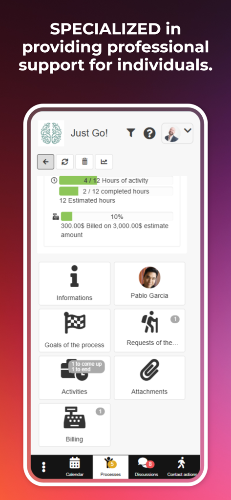 Cognito App interface showing a professional coaching dashboard with client progress tracking, billing details, and goal management.