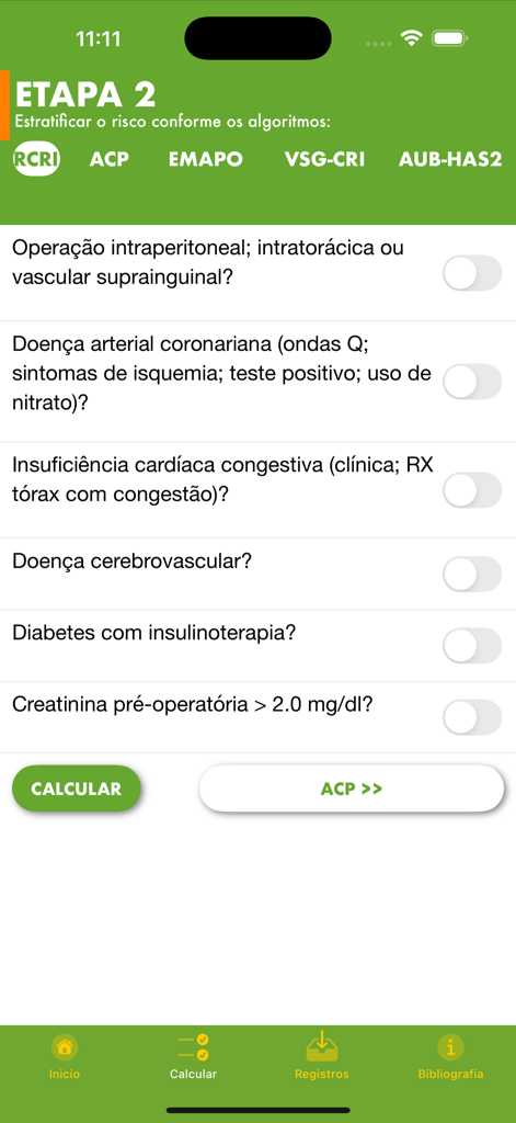 Interface of the Perioperative risk app showing a clinical checklist for stage 2 risk stratification using the RCRI algorithm.