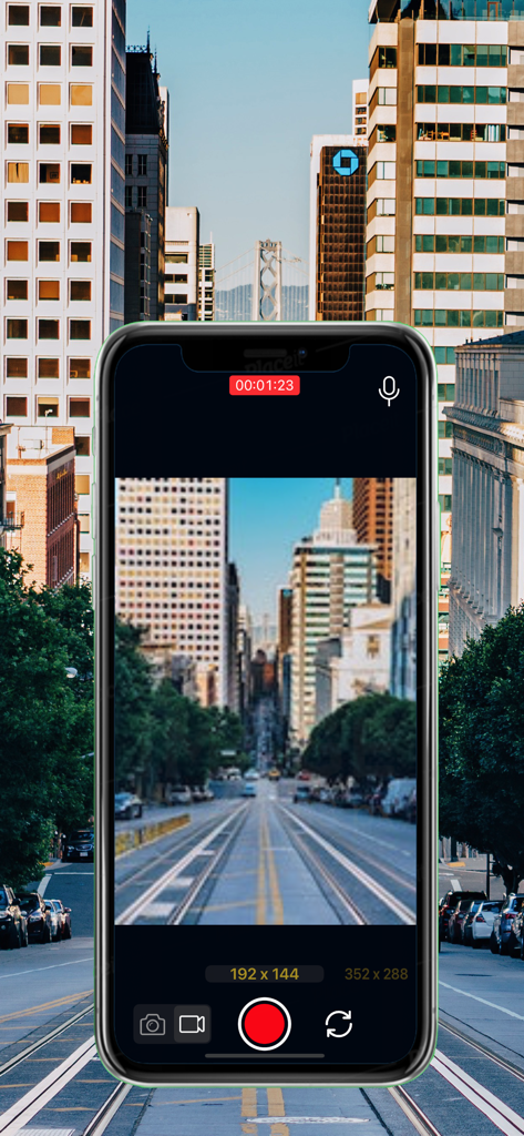 Interface do aplicativo Lo-Fi Cam mostrando uma prévia de baixa resolução de 192 por 144 pixels de uma rua da cidade e ponte.