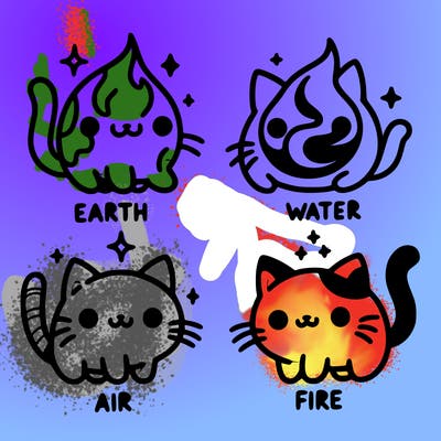 4 cats that represent the different elements, earth, water, air, and fire