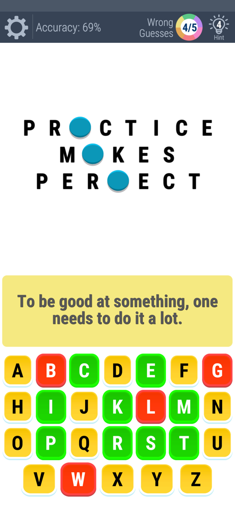 A screenshot of the Guess the Phrase and Proverbs mobile game showing a puzzle for the idiom Practice Makes Perfect with a colorful letter keyboard.