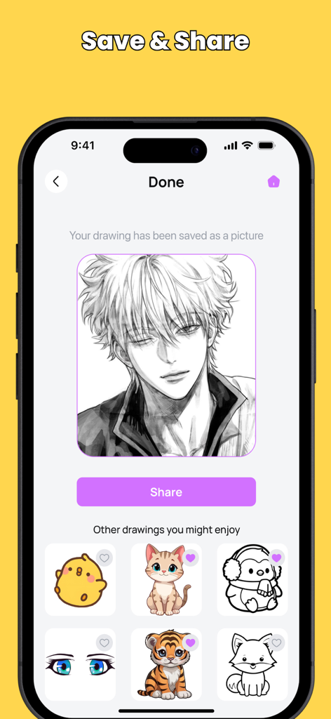Draw Easy: Learn How To Draw - Draw Easy app screen showing a finished anime character drawing with a share button and more templates