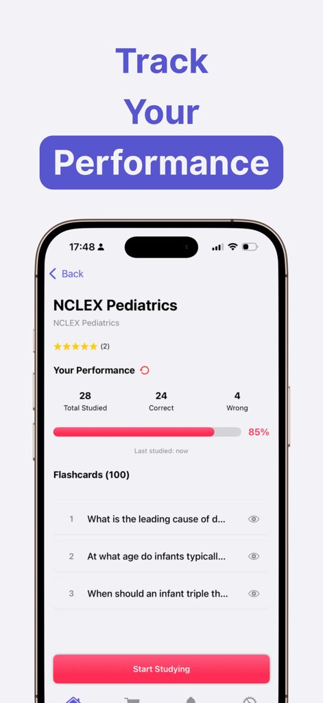 MemoraX: AI Flashcard Maker - Performance tracking screen in the MemoraX app showing study statistics for NCLEX Pediatrics.