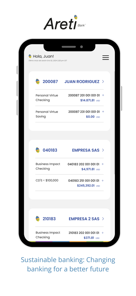Areti Mobile - Interface de l'application Areti Mobile affichant les comptes personnels de compte courant Vertu et de compte d'impact professionnel.