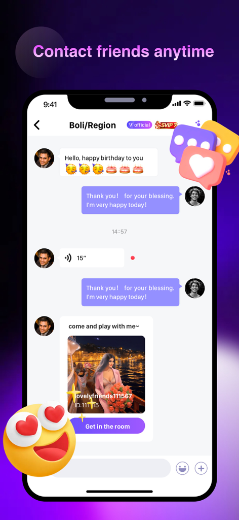 Screenshot of the Boli app chat interface showing text messages, voice notes, and a room invitation.
