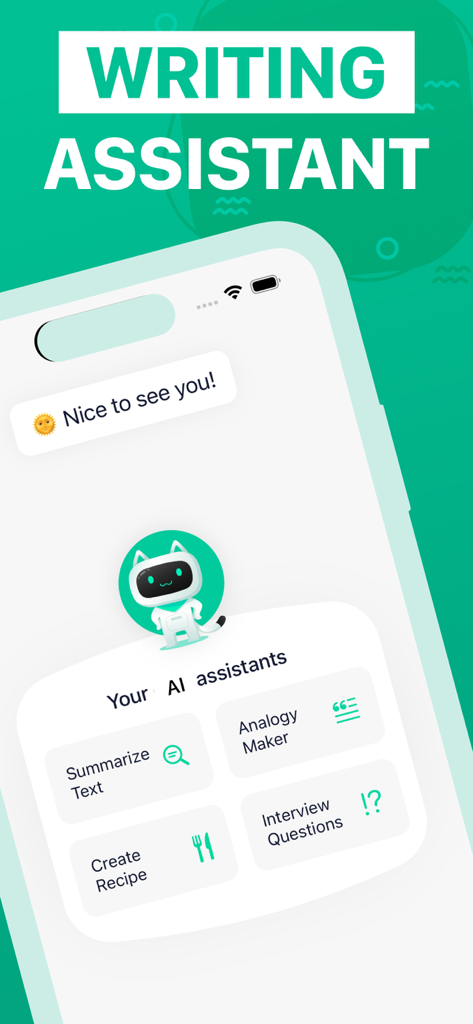 AI Chat Bot Assistant Ai Story - Interface of the AI Chat Bot app showing writing assistant features like text summarization and recipe creation