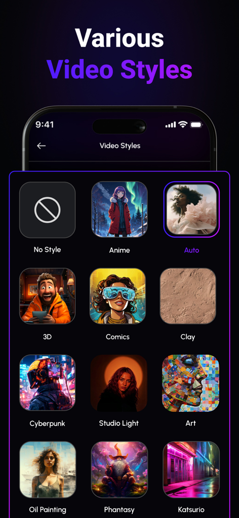 AI Video Generator & AI Maker - A menu showing various AI video styles including Anime 3D and Cyberpunk in the mobile app interface