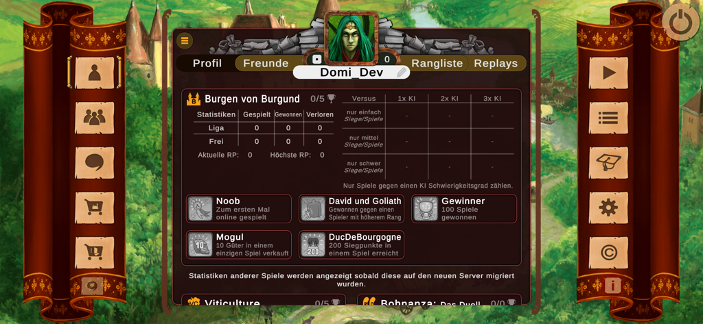 User profile dashboard showing game statistics and earned achievements in The Castles of Burgundy mobile app.