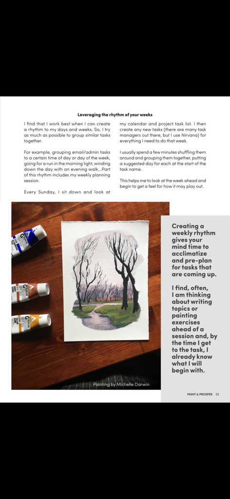 Una página de revista digital sobre planificación semanal de estudios de arte, con una pintura de paisaje y tubos de gouache.