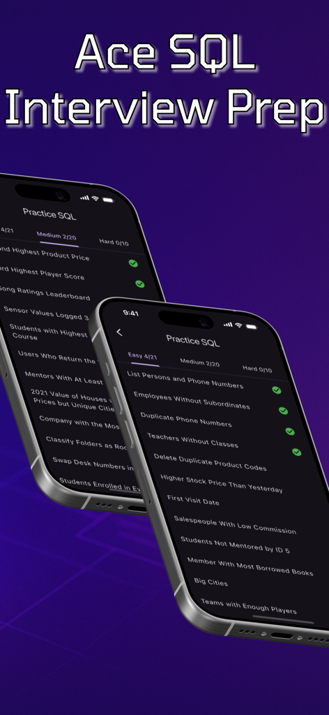 SQL Practice: Learn Database - SQL PracticeアプリのiPhone画面。難易度（易・中・難）のカテゴリ別にSQL練習タスクのリストが表示されています。