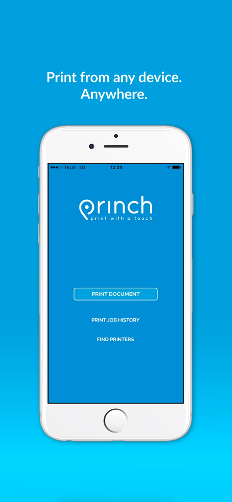 Écran d'accueil de l'application mobile Princh avec des options pour imprimer des documents et trouver des imprimantes.