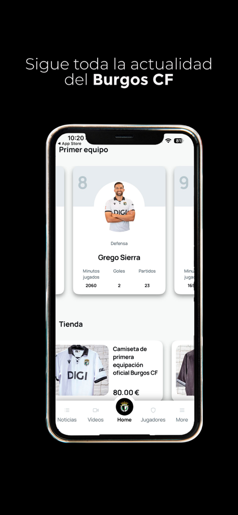 Burgos CF - App Oficial - Interface do aplicativo móvel oficial do Burgos CF mostrando estatísticas de jogadores e a loja oficial da equipe.