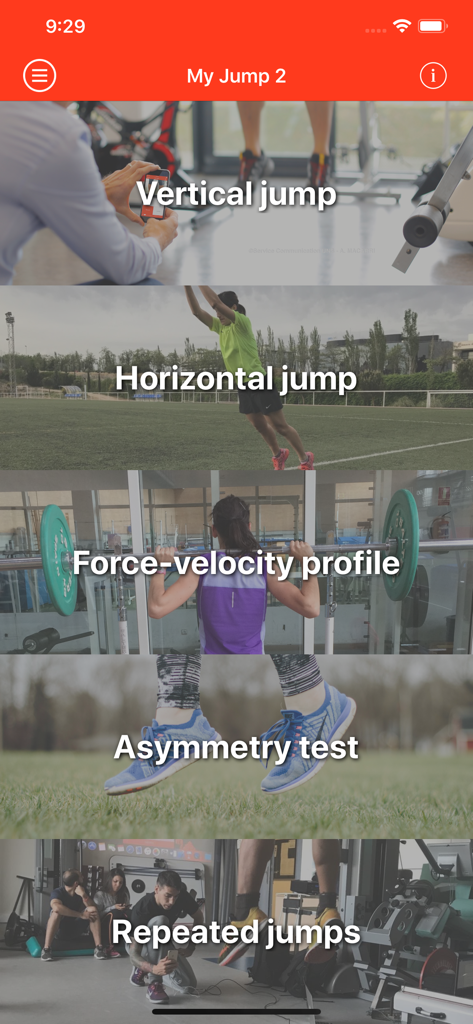 Menú principal de la aplicación My Jump 2 que muestra opciones de salto vertical, salto horizontal, perfil de fuerza-velocidad, prueba de asimetría y saltos repetidos