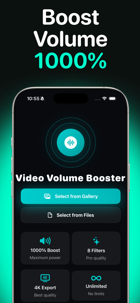 Main screen of the Video Volume Booster app highlighting the 1000% volume increase and 4K export features.