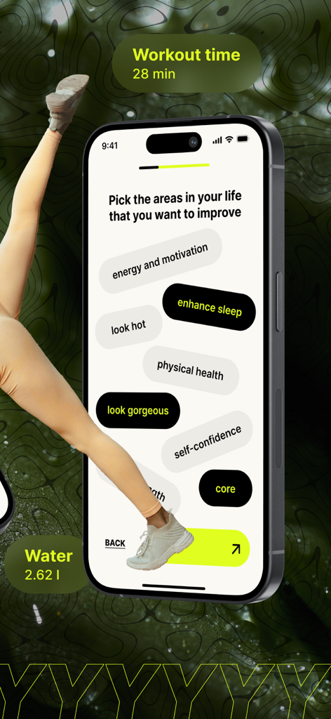 An iPhone screen of the Shapy app showing various fitness and lifestyle goals for user personalization