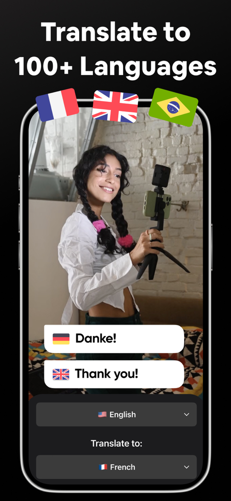 AI Captions for Videos: VidCap - Smartphone screen showing VidCap app feature for translating video captions into over 100 languages with examples in English and German.