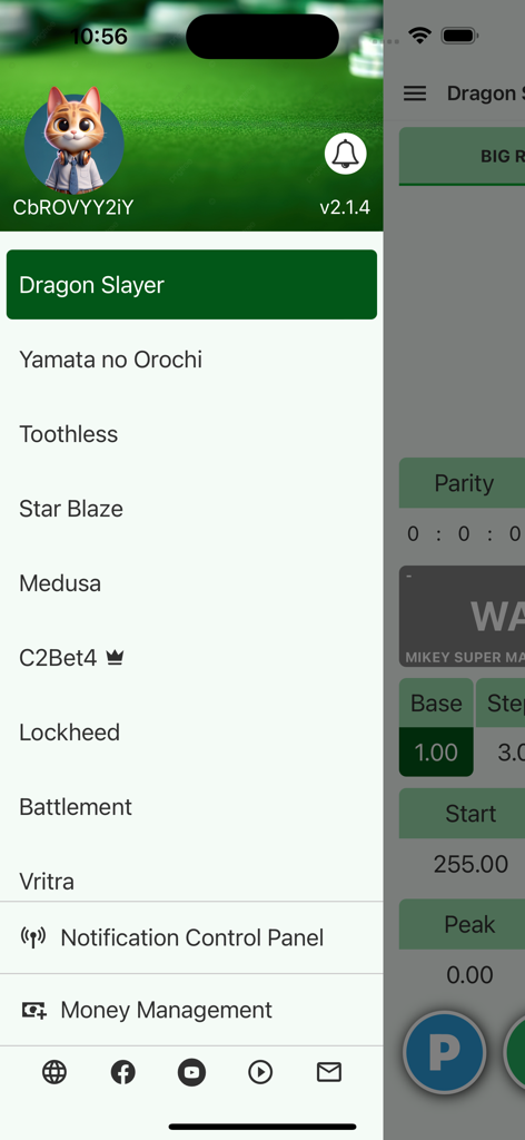 Rigel Castle Baccarat - Side navigation menu of the Rigel Castle Baccarat app displaying various betting strategies and money management tools.