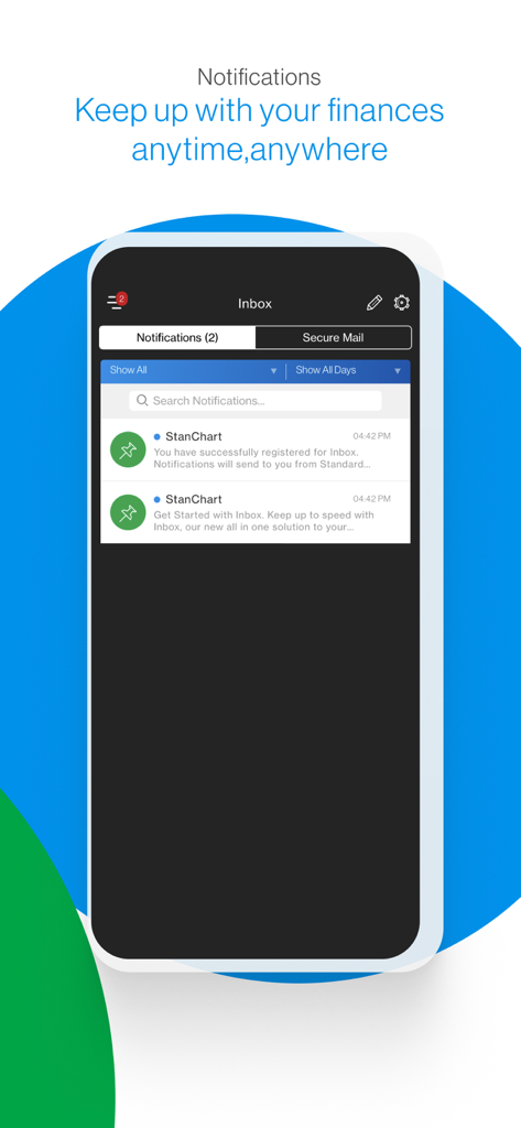 Bandeja de entrada de la aplicación Standard Chartered Mobile Nepal mostrando una lista de notificaciones recientes en una interfaz de usuario con tema oscuro.