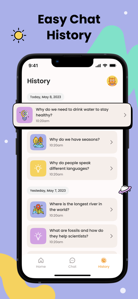 A smartphone screen showing the easy chat history feature in the Zoe AI app for parents to monitor their child's educational conversations.