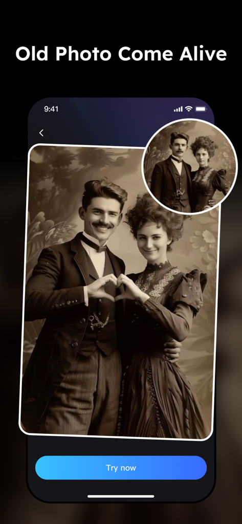 AI animation of a vintage photo where a couple makes a heart shape with their hands.