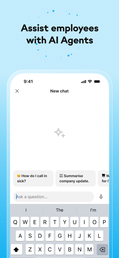 Interface de l'assistant IA de Flip-App montrant des requêtes suggérées pour les travailleurs, comme comment se déclarer malade