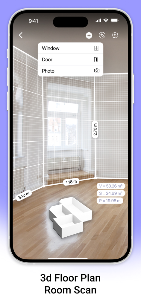 AR Plan 3D app interface showing augmented reality room scan with wall measurements and a 3D floor plan