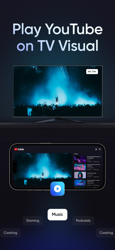 An iPhone casting a YouTube live concert video to a large television screen using the screen mirroring app.