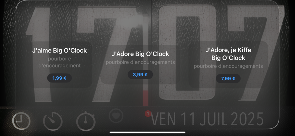 big O'Clock - Tela de doação do aplicativo Big OClock com opções de suporte sobre um grande fundo de relógio digital flip.