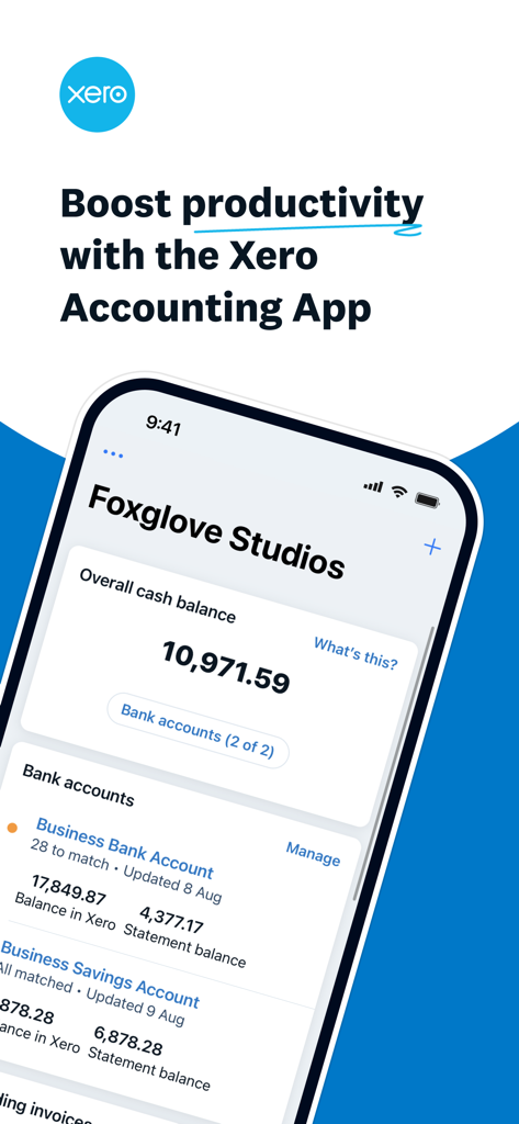 Xero Accounting for business - Interfaccia dell'app Xero Contabilità che mostra il saldo di cassa aziendale e i conti bancari