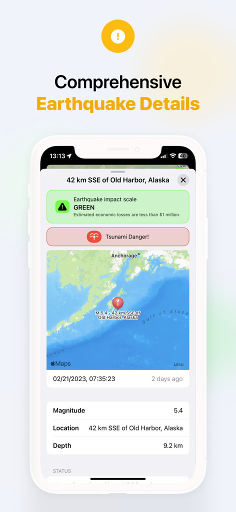 Interfaccia dell'app mobile QuakeMate che mostra dettagli sui dati di terremoti in Alaska inclusi magnitudo profondità e allarme tsunami