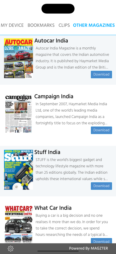 What Hi-Fi Sound and Vision - Una lista de títulos de revistas adicionales disponibles para descargar dentro de la aplicación What Hi-Fi, incluyendo Autocar y Stuff India.