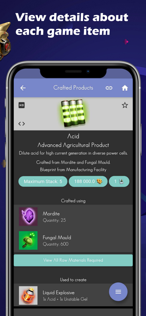 Assistant for No Man's Sky - Mobile app screen showing crafting details and recipes for an Acid item in No Mans Sky