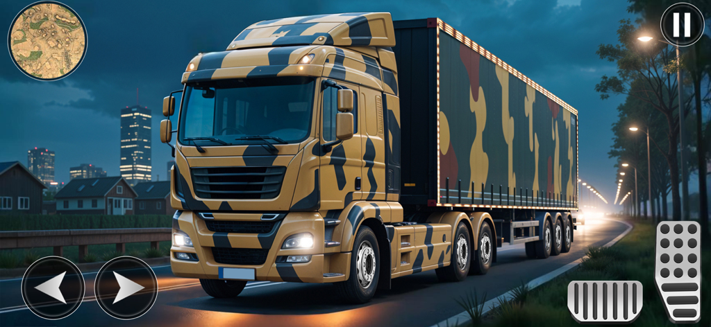 Army Cargo Truck Driving Games - Ein Tarnkappen-Armeelastwagen fährt nachts auf einer Stadtstraße in einem mobilen Simulationsspiel mit Bedienelementen auf dem Bildschirm.